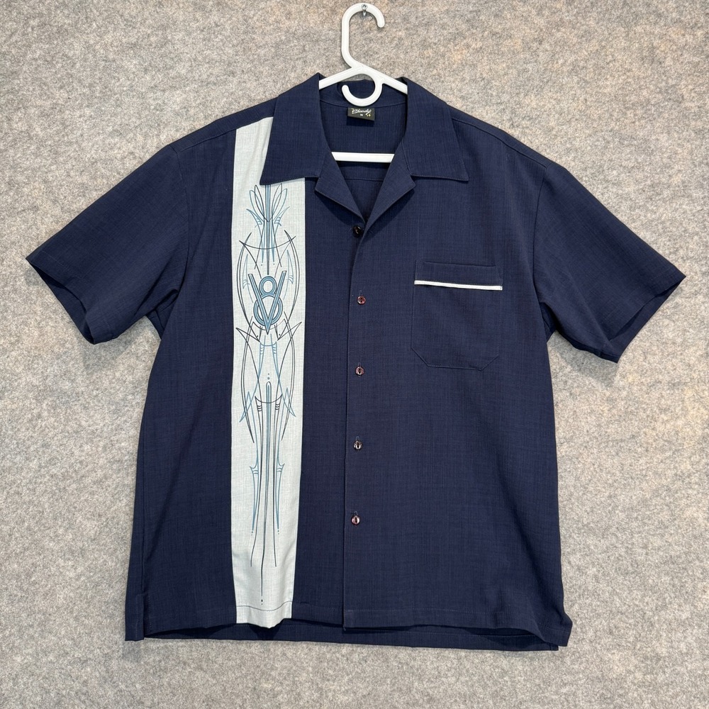 Steady‎ Clothing V8 Bowling Button Shirt Mens Medium V8 Pinstripe Panel Blue USA